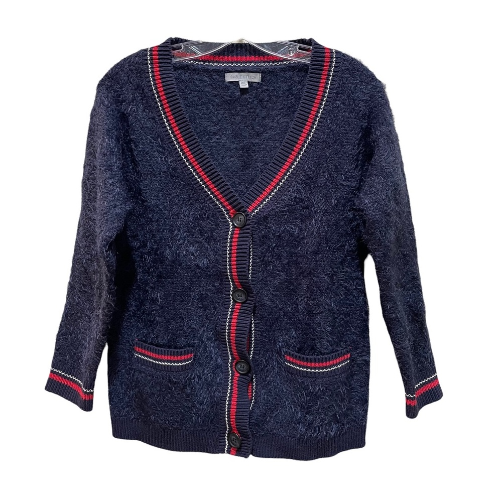 Cable Stitch Collegiate Fuzzy Cardigan Sweater Blue Size XS